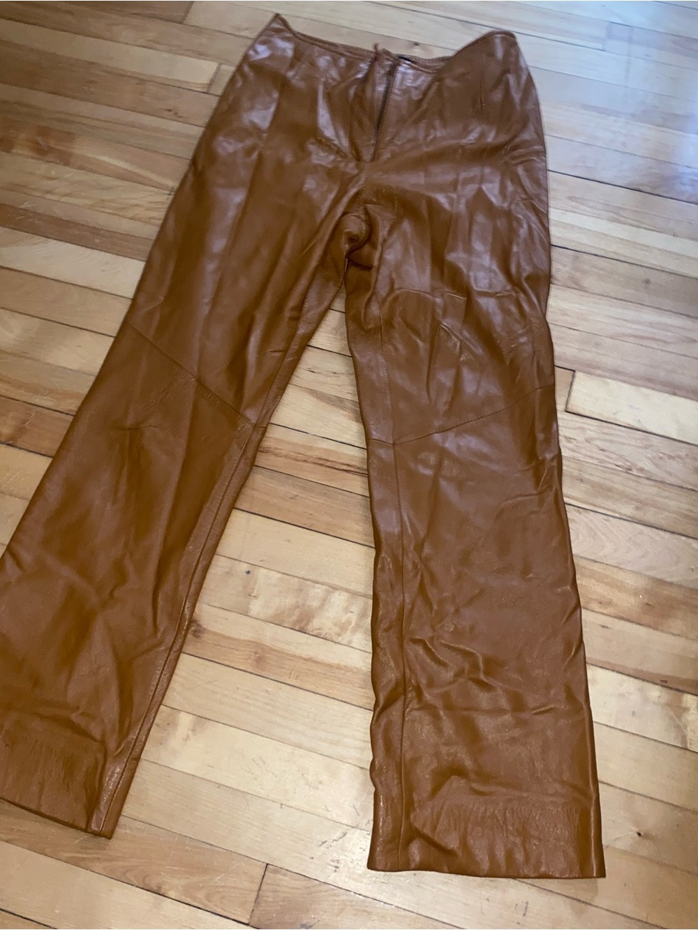Brown Leather Straight-Leg Pants